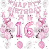 Pink Bow 16th Birthday Decorations Girl, Bow Coquette Birthday Decorations for Girl’s 16 Birthday, Girl Cute Bow Themed Happy Birthday Party Supplies with Pink Bow Balloons, Banner, Hanging Swirls