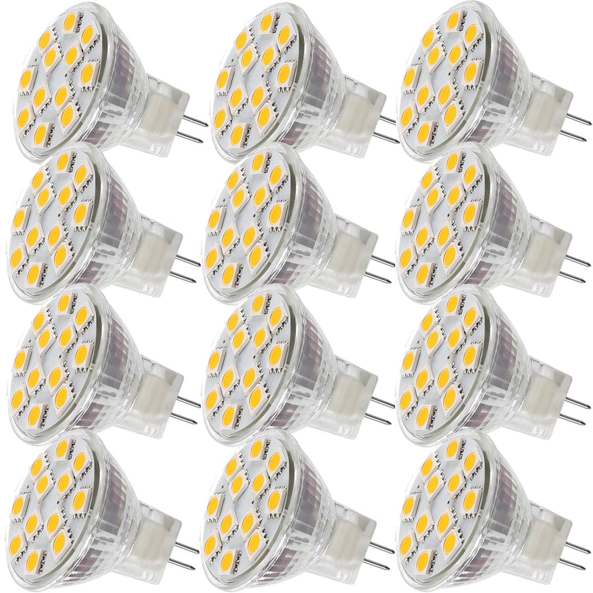 2.4W LED MR11 Light Bulbs, 12v 20w Halogen Replacement, GU4 Bi-Pin Base, Soft White 3000K, (Pack of 12)