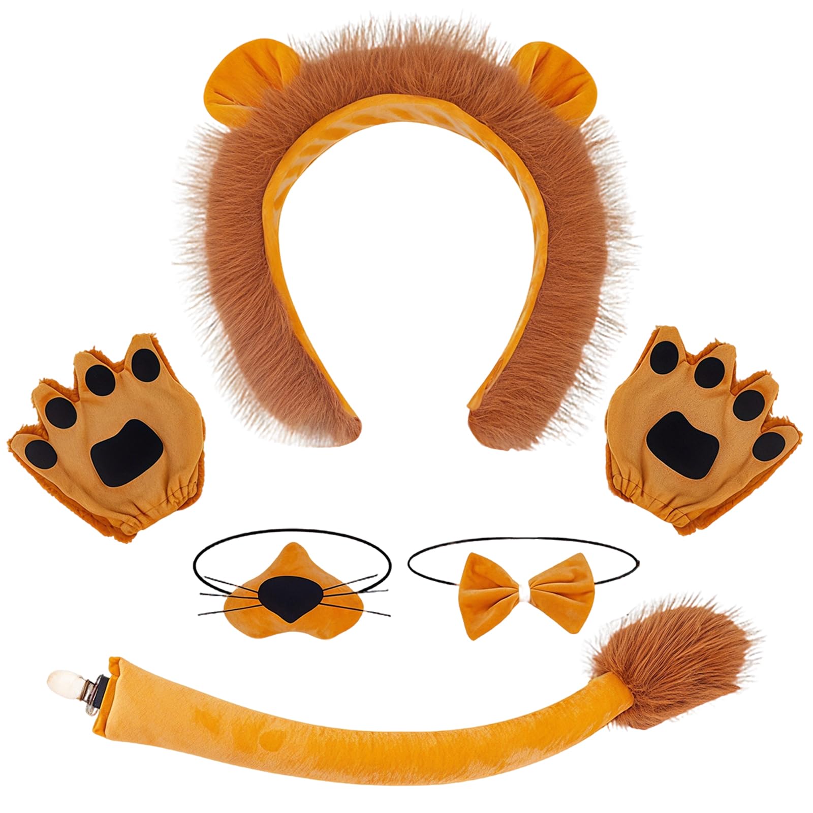 GWAWG Lion Costume Set, Lion Ears Headband with Ears, Bow Tie, Tail, Nose and Gloves, Animal Theme Fancy Dress Party Accessories for Carnival, World Book Day, Halloween