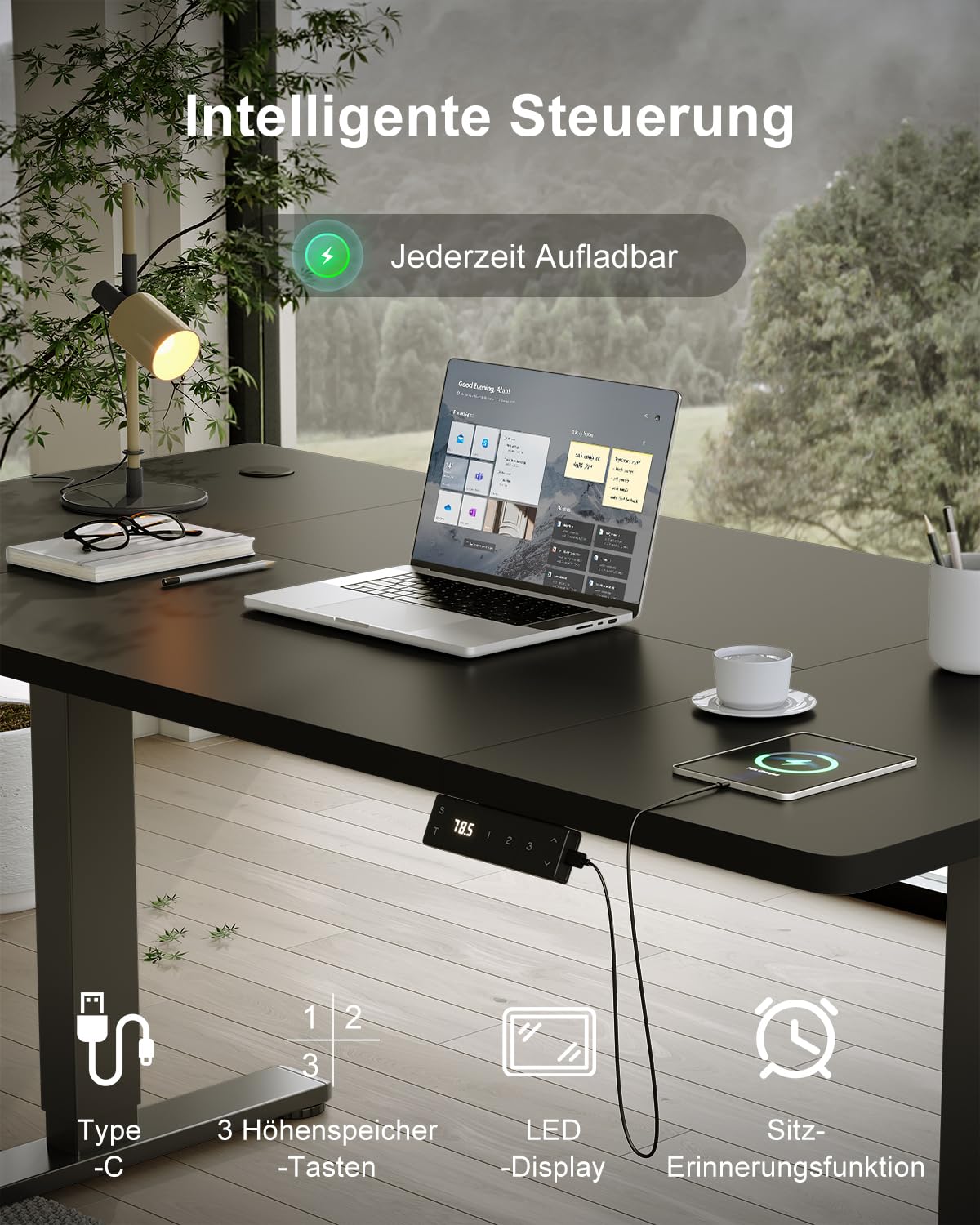 Devoko Höhenverstellbarer Schreibtisch 140x80cm mit Typ-C Ladeanschluss, Schreibtisch Höhenverstellbar Elektrisch, Mobiler Elektrisch Computertisch mit Kabel Management Tray, Schwarz 4