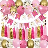 MSMANCY Pink Birthday Party Decorations Set - Happy Birthday Banner, Stars Garland, Tassel Paper Garland and Balloons for Women Girls' Party Decor