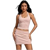 MakeMeChic Women's 2 Piece Outfits Striped Halter Crop Top and Bodycon Mini Skirt Summer Sets