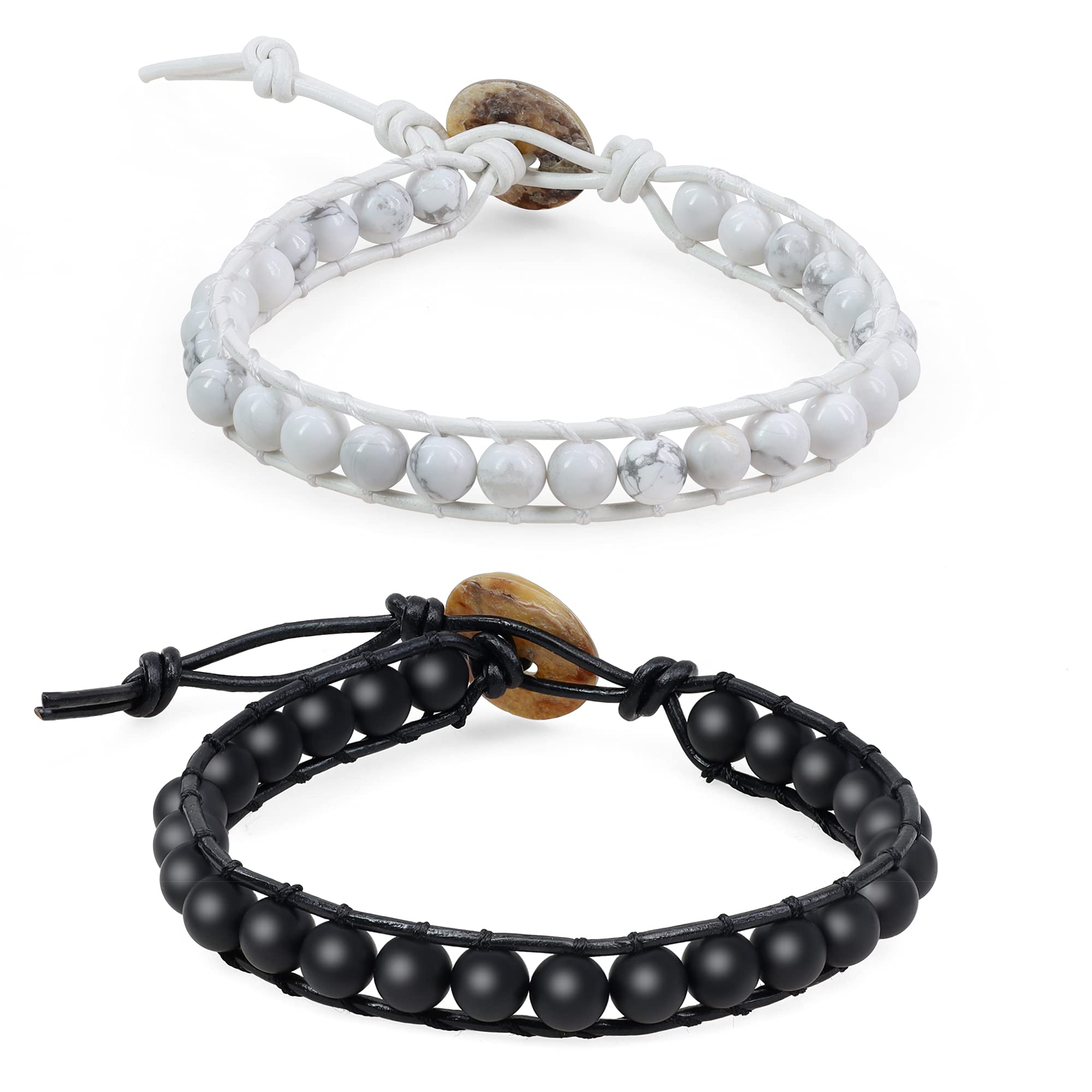 COAI Leather Braided Yinyang Matching Couples Onyx Howlite Stone Bracelets