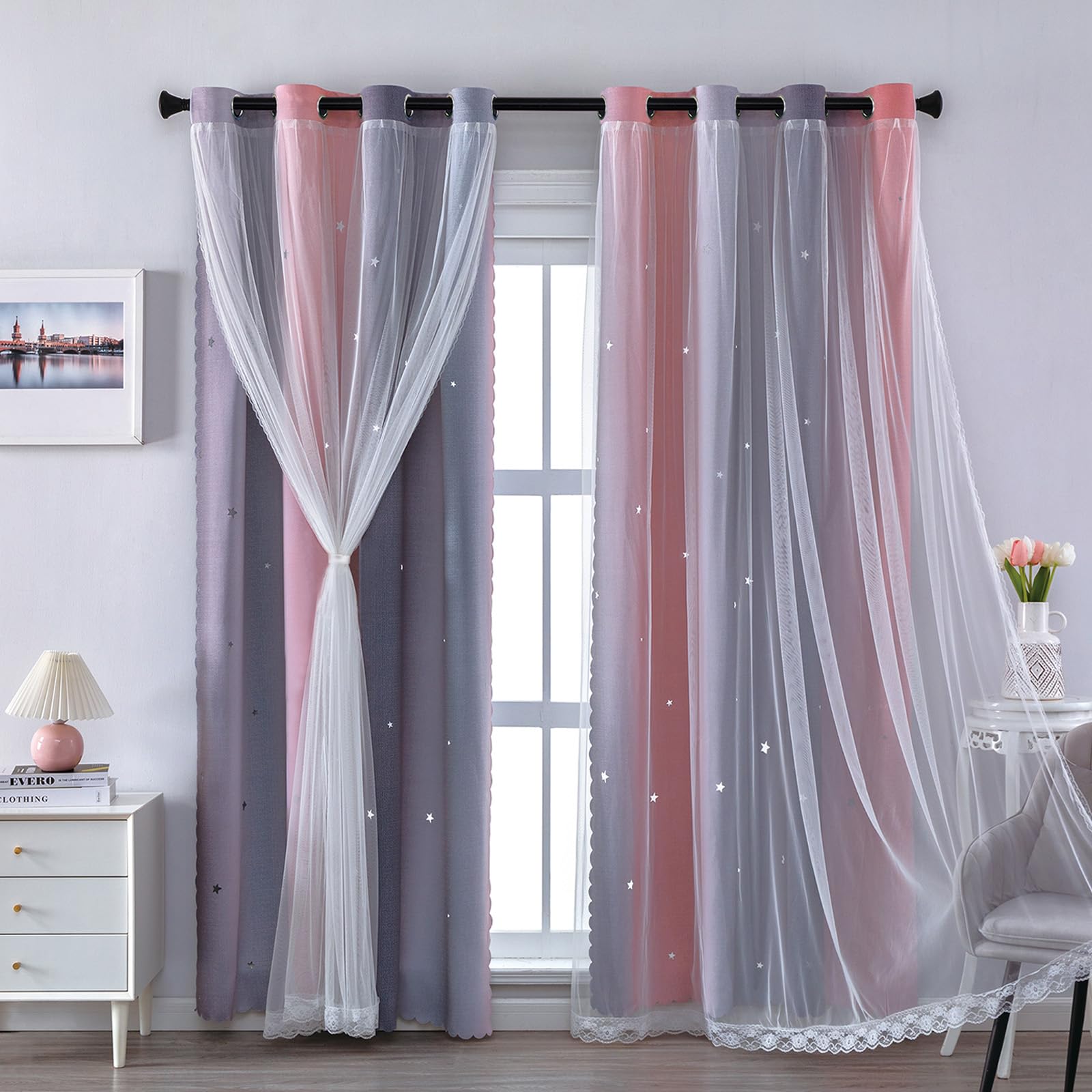 XiDi Blackout Thermal Curtains with Eyelet for Living Room Rainbow Wall Decor Grey Curtains Double Layer with Net 34x72 Inch