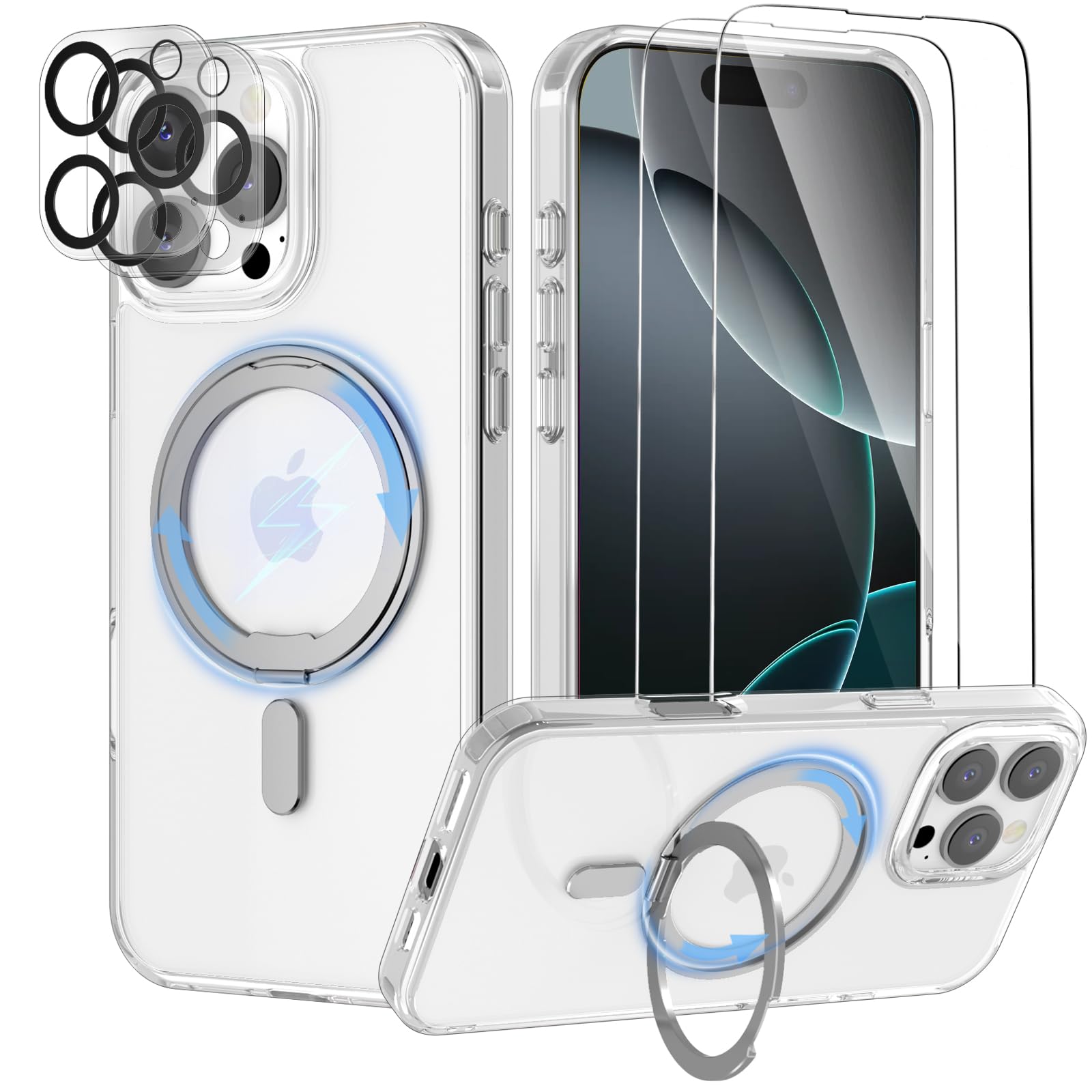 YIRSUR 360° Spin Magnetic Stand for iPhone 16 Pro Max Case with 2 Screen Protector with 2 Camera Protector, Compatible with MagSafe Military Shockproof Translucent iPhone 16 Pro Max Kickstand- Clear