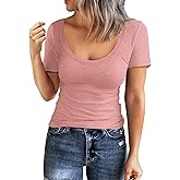 Roselux Women Short Sleeve Scoop Neck Ribbed Fitted Knit Shirt Basic Tight T-Shirts