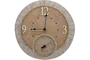 Taylor Terra Cotta Poly Resin Indoor and Outdoor Clock and Thermometer, Home Decor for Garden, Patio, Pool, and Indoor Areas, 14-inch, Multi-Color
