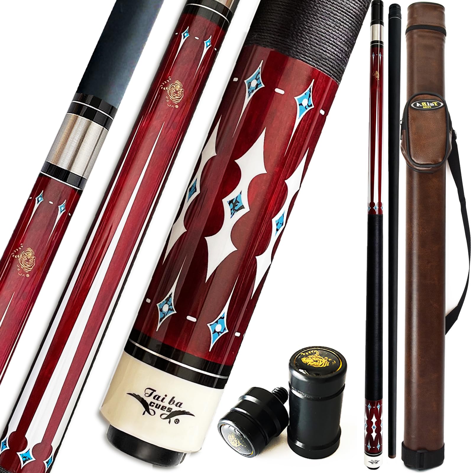 TaiBA 2-Piece Pool Stick With 1x1 Case,13mm Tip, 58", Hardwood Canadian Maple Professional Billiard Pool Cue Stick 19-20 Oz (Selectable)-Blue, Black, Red, Gray, Green, Brown