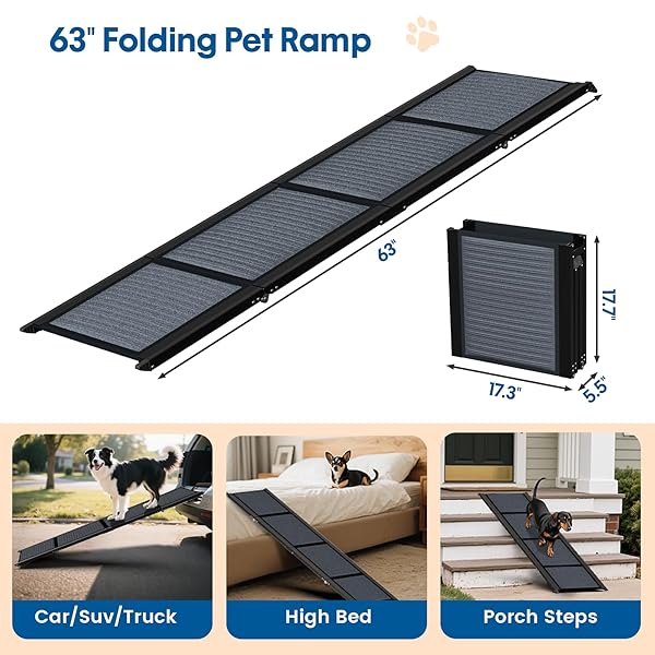 HBTOWER 63″ LONG & 17.3″ WIDE FOLDING DOG RAMP FOR CAR, SUV & TRUCK – PORTABLE PET RAMP WITH NON-SLIP SURFACE, EXTRA WIDE STEPS FOR LARGE DOGS UP TO 250LBS