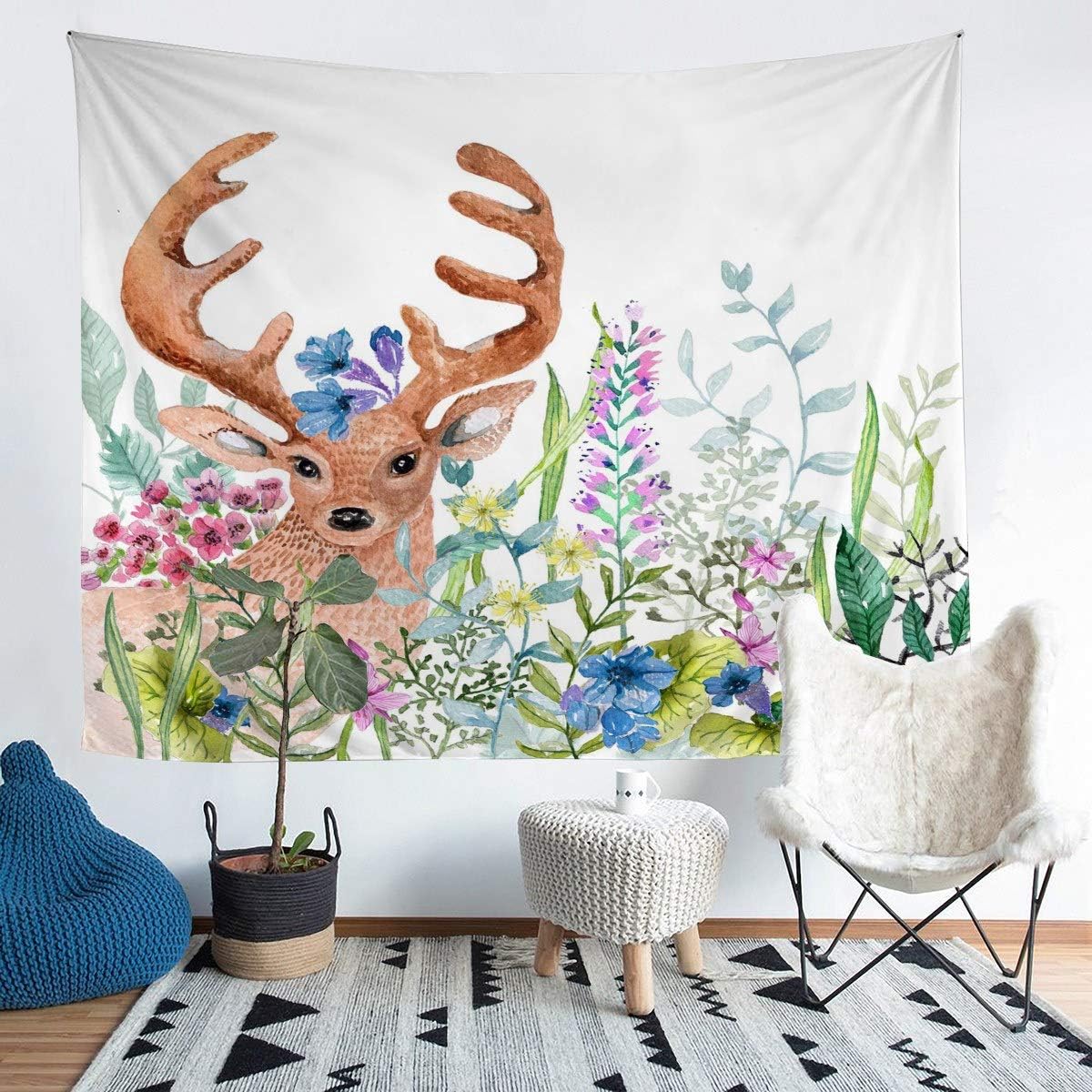 Feelyou Deer Wall Tapestry Watercolor Floral Print Tapestry