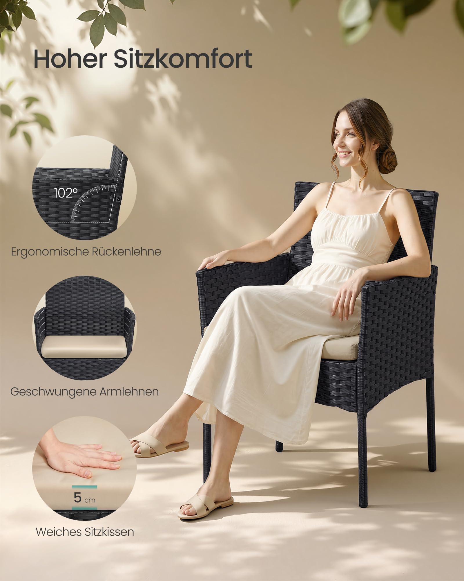 SONGMICS Balkonmöbel, Gartenmöbel-Set, aus PE-Polyrattan, Lounge-Set, Tisch und 2 Stühle, Terrassenmöbel, Outdoor, für Terrasse, Balkon, Garten, schwarz-Taupe GGF003B01 3