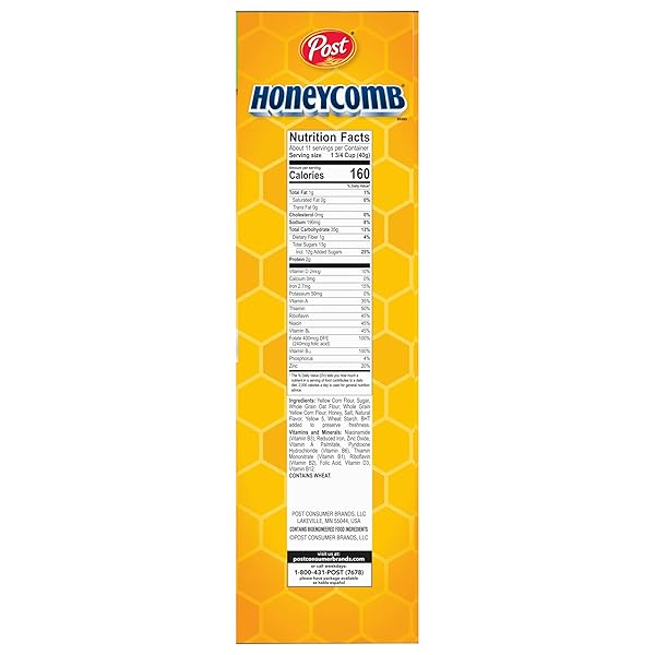 POST HONEYCOMB CEREAL, HONEY FLAVORED SWEETENED CORN AND OAT CEREAL, 16 OZ BOX