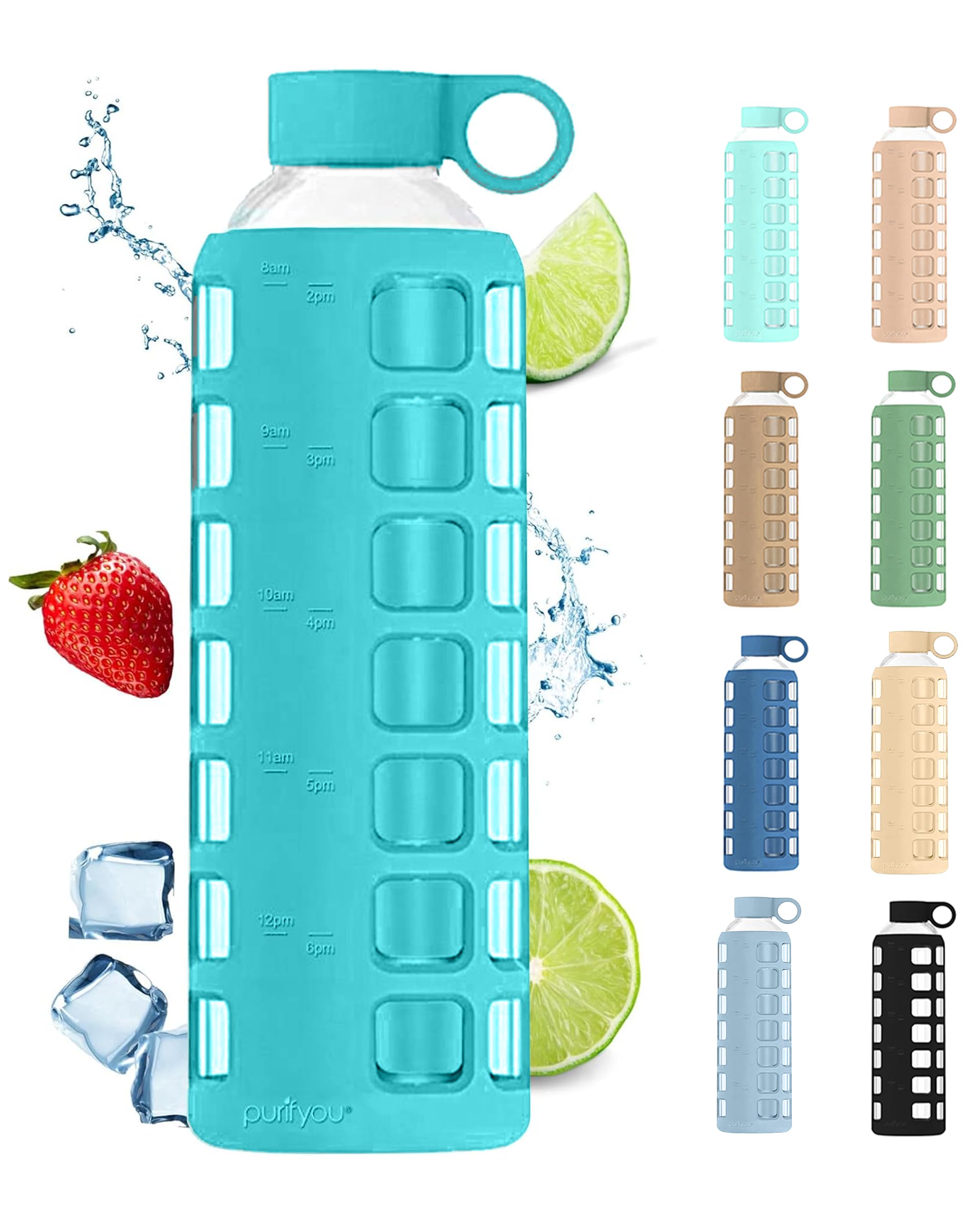 Photo 1 of purifyou 40oz / 32oz / 22oz / 12oz Borosilicate Glass Water Bottle with Time & Volume Markers, Silicone Sleeve, Stainless Steel Lid | Reusable Glass Bottle for Water & Juice (32oz Aqua Blue)