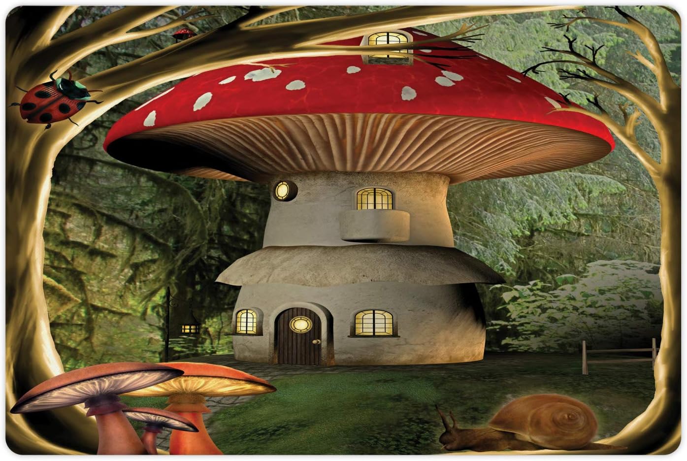 Amazon Com Ambesonne Mushroom Pet Mat For Food And Water Shroom House In Enchanted Forest Wih Ladybug And Snail Whimsical Tree Rectangle Non Slip Rubber Mat For Dogs And Cats Red Pale Coffee Green