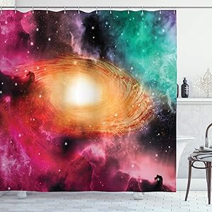 Ambesonne Zodiac Shower Curtain, Watching a Meteor Rain from a Wooden Dock Under The Sun Rays Astro Artwork Illustration View Image, Cloth Fabric Bathroom Decor Set with Hooks, 75
