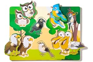 LURLIN Wooden Puzzles for Toddlers 1-3, Birds Animals Peg Puzzles for Kids, Learning Educational Puzzles for Baby Puzzles 12-18 Months, Montessori Toys（Birds）