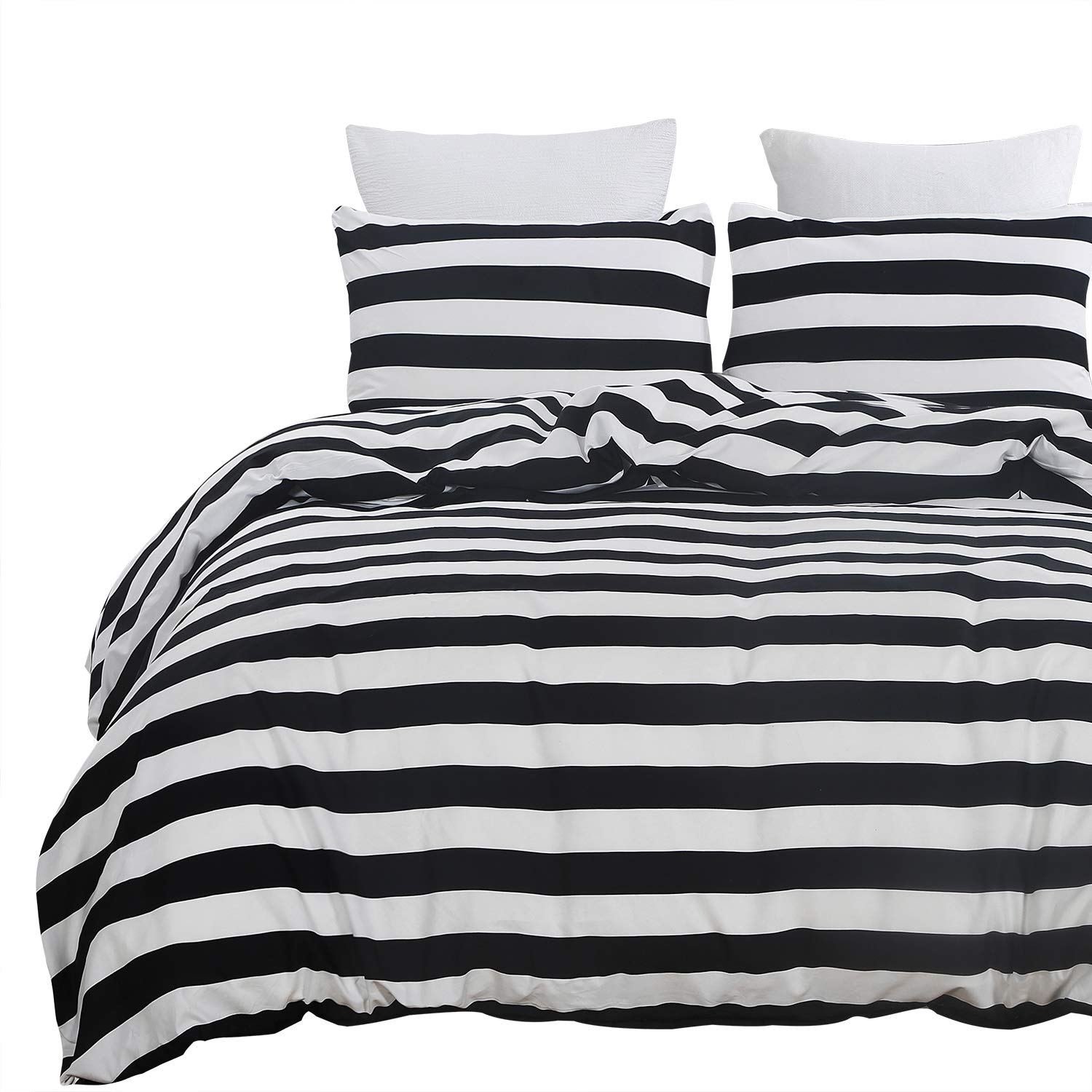 Vaulia Microfiber Duvet Cover Set, White and Black Stripe Printed Pattern - Queen Size