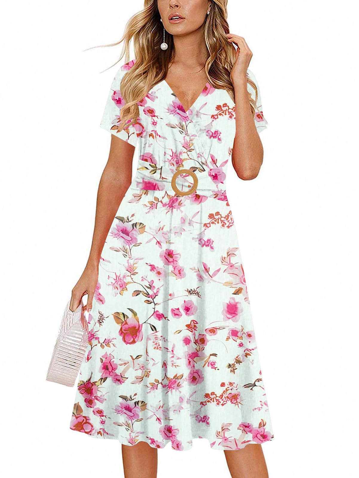 Photo 1 of A-Line Dress for Women Elegant Criss-Cross V Neck Church Vintage Floral Print Casual Tea Fit and Flare Dresses with Pockets 980 Rose White M