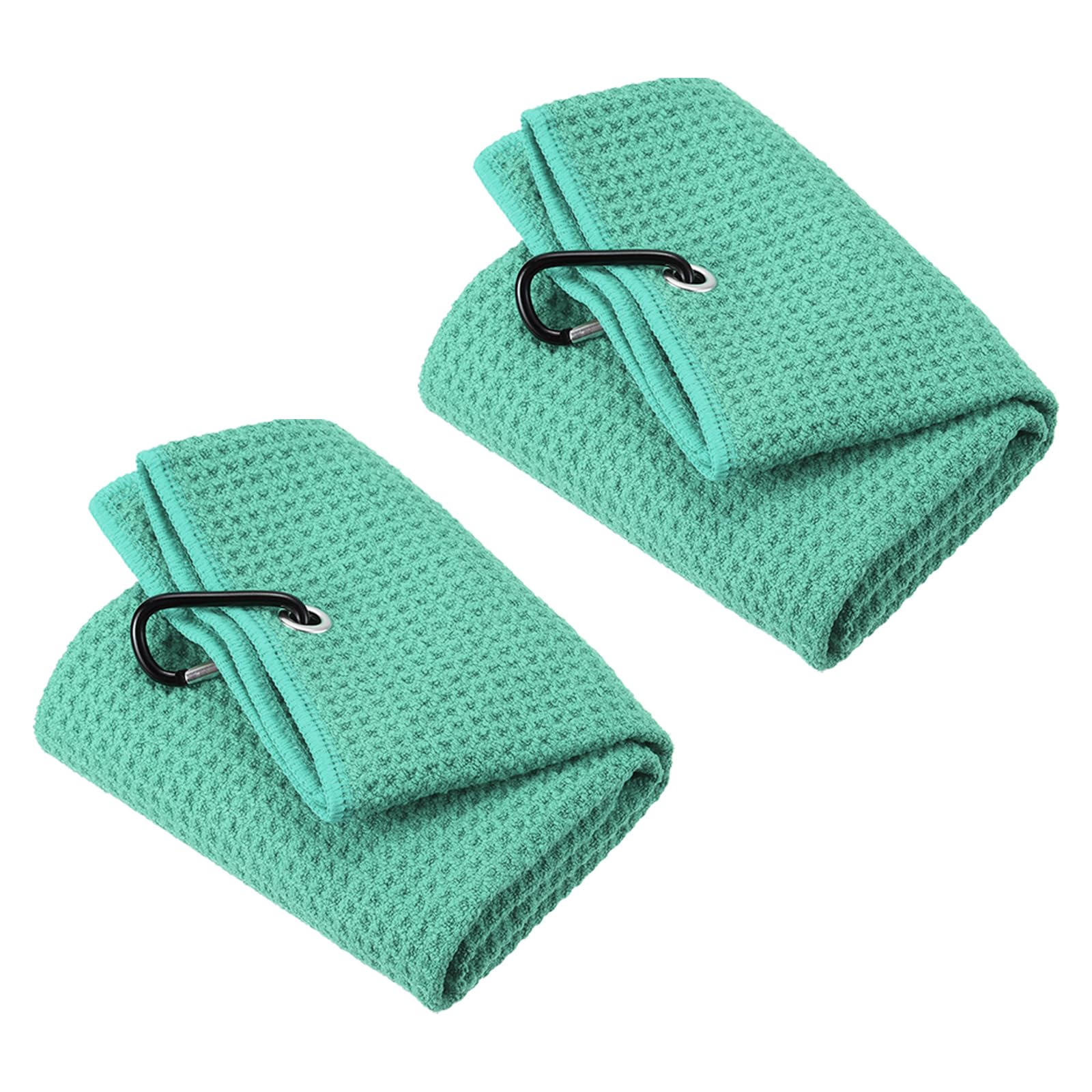 PATIKIL 12"x12" Tri-Fold Golf Towels, 2 Pack Waffle Pattern Towels Soft Fiber Strong Water Absorption with D Clip for Golf Lovers, Green