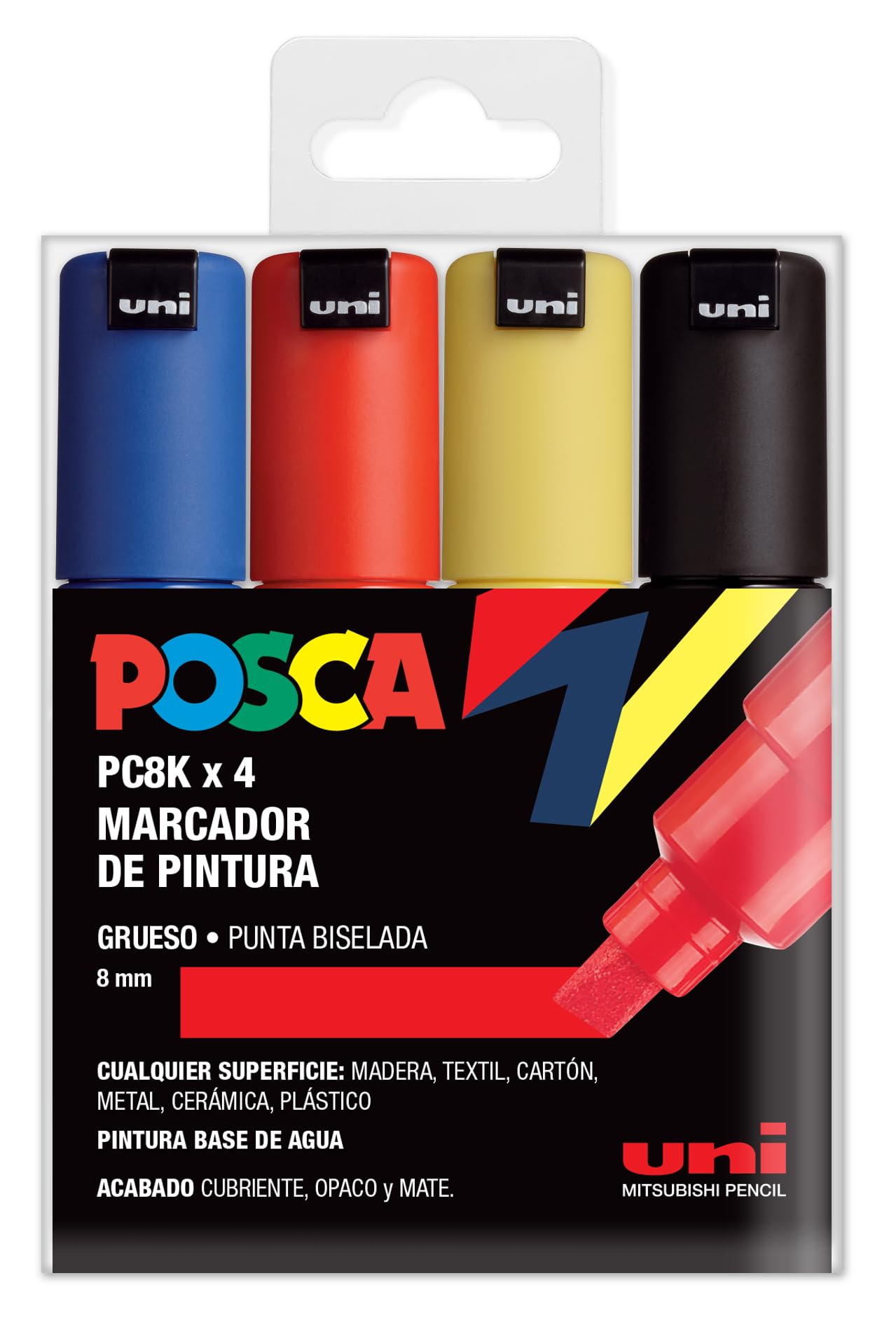 UNI Posca Set of 4 PC8K Chisel Tip Markers Basic Colours