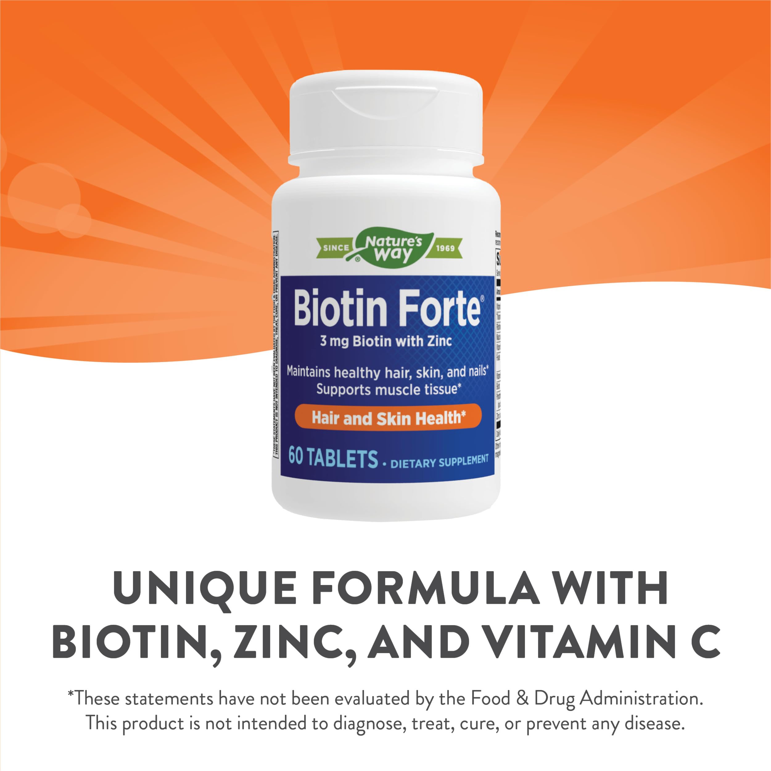 Nature's Way Biotin Forte with Zinc, Promotes Healthy Hair, Skin, & Nails*, 60 Tablets
