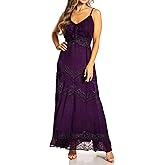 Sakkas Stonewashed Rayon Embroidered Adjustable Spaghetti Straps Long Dress