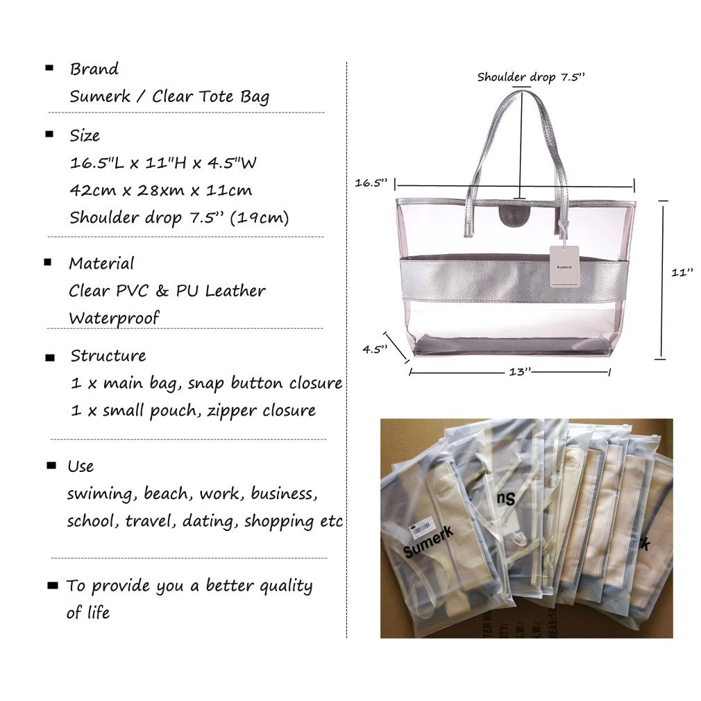 Sumerk 2 in 1 Waterproof Beach Bag Clear Tote Bags Shoulder Bags with Small Cosmetic Bag