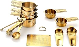 Gold Measuring Cups and Spoons Set (19PCS Set - Golden Plated), 8 Measuring Cups, 9 Measuring Spoons, 1 Leveler and 1 Magnetic Measurement Chart, Stackable for Easy Storage with Gift Package