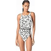 Michael Kors Swimwear Women's Monotone Floral Highneck Belted One Piece