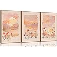 3 Pcs Sunrise Canvas Wall Art Blush Pink Wildflowers Floral and Orange Sunset Watercolor Landscape Paintings Pictures Wall Decor Poster Print Artwork for Living Room Bedroom Home Decoration Unframed