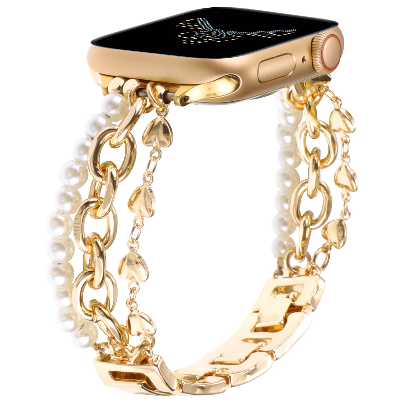 REALSIGN Pearl Beaded Bracelet Compatible with Apple Watch Bands 42mm 44mm 45mm 49mm,Bling Stylish Wristband Gold Love Shape Chain Jewelry Strap for iWatch Series 9 8 7 6 5 4 3 2 1 SE Ultra Women(42mm/44mm/45mm/49mm, Heart Shape-Gold)