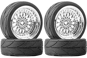 LAFEINA 4PCS/Set 64mm Rubber Tires & Plating Plastic Wheels Rims Replacement Part for 1/10 RC On-Road Touring Car Racing Car (Silver, Offset 9mm)