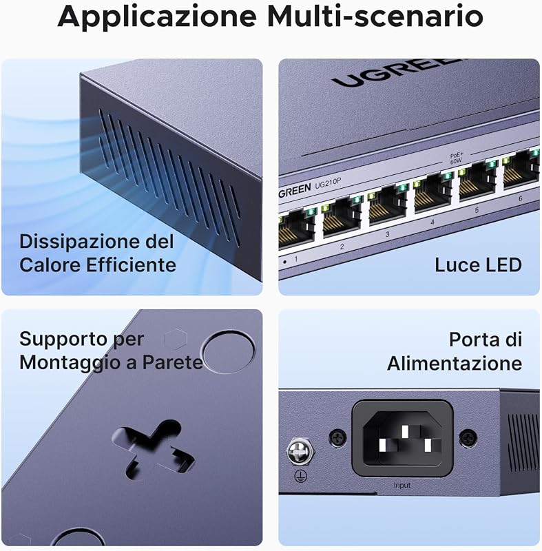 10 Porte Switch Ethernet Gigabit con 8 Poe + 2 Gigabit-Uplink 60W