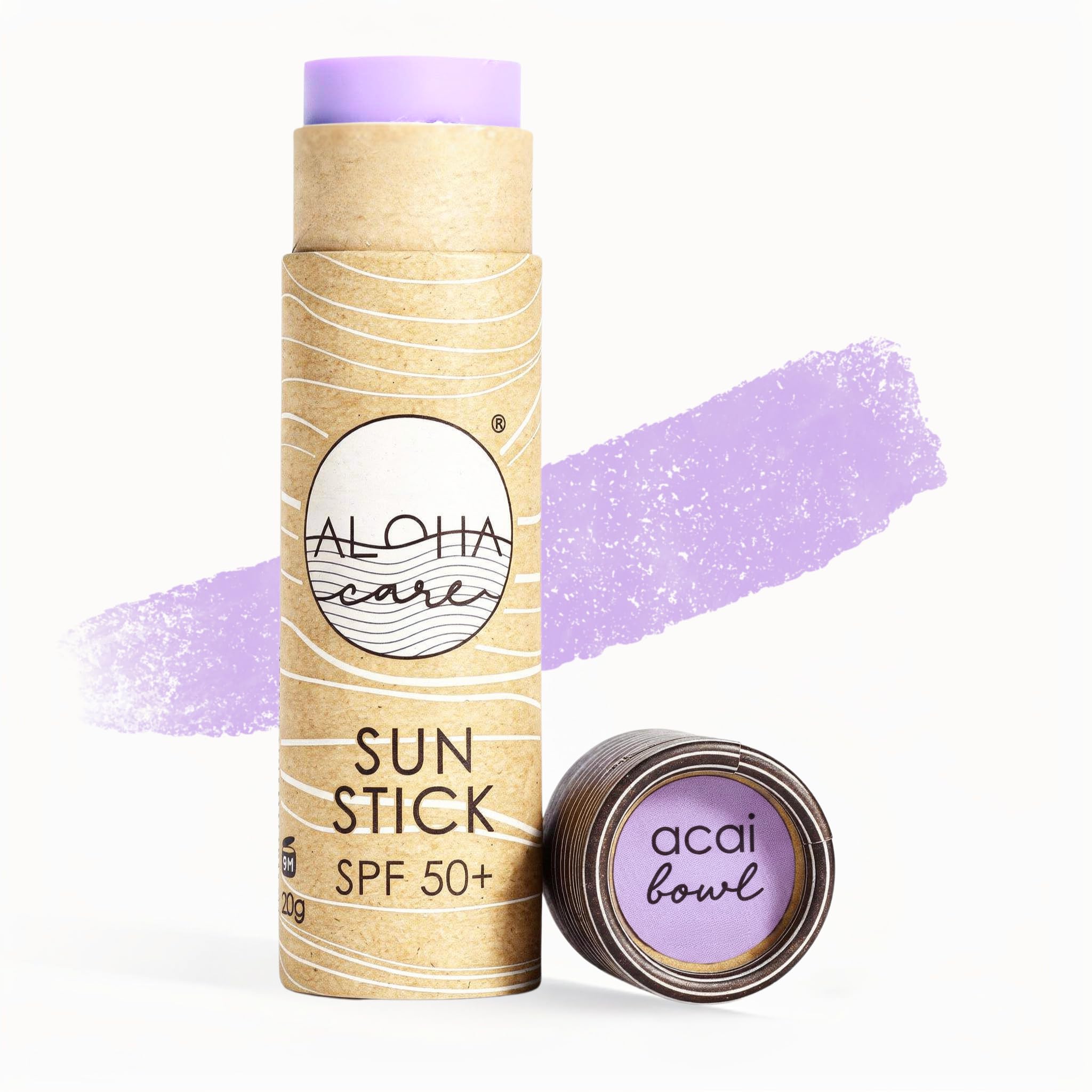 Aloha Sun Stick SPF 50+ | Sunblock Stick for Face | Sunscreen for Surfing | Great Sun Cream for Kids & Outdoor Sports Sunscreen | Plastic Free Packaging 20g | Made in Europe (Purple)