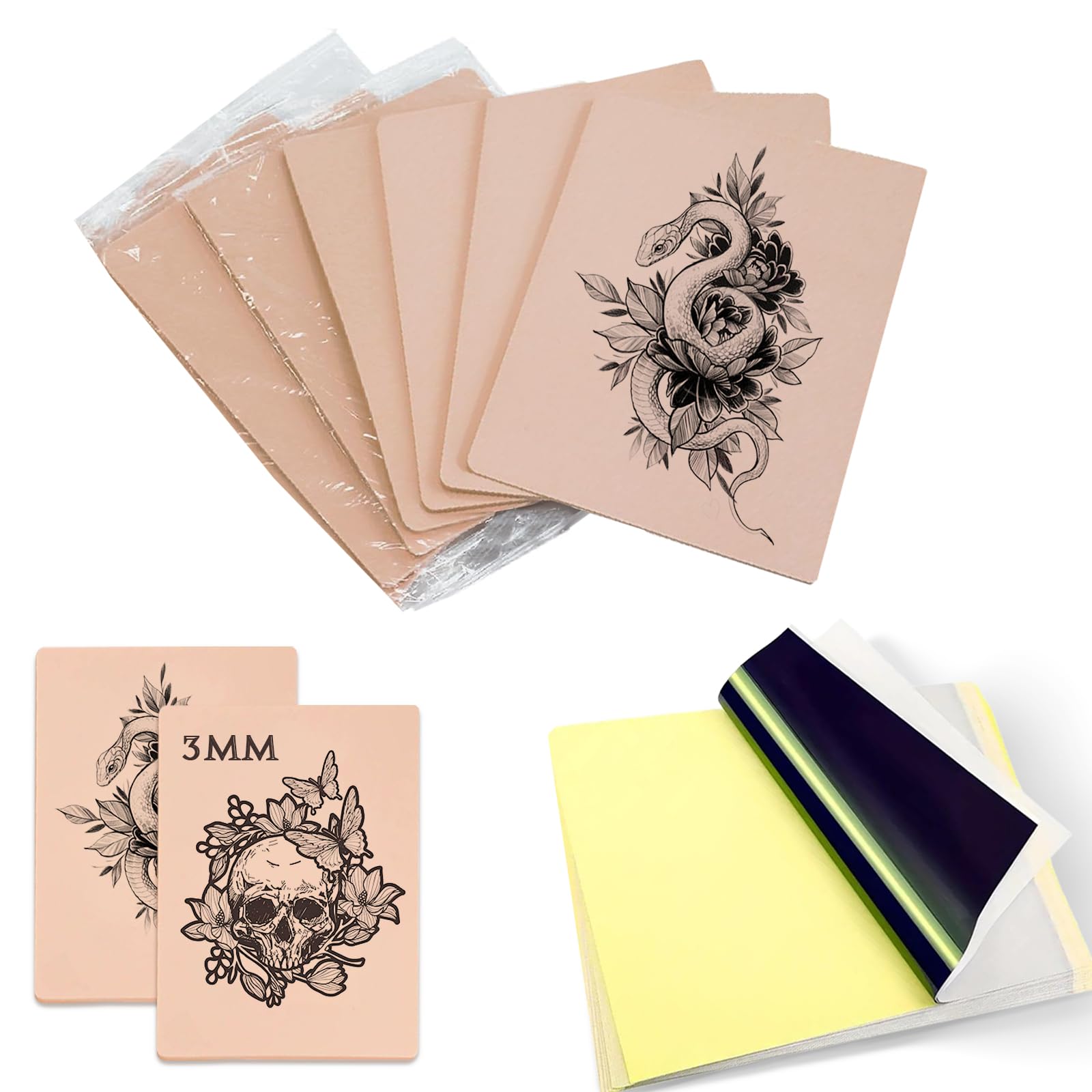 16pcs Tattoo Fakeskin & Transfer Paper Set,3mm Blank Tattoo Practice Skins and A4 Transfer Paper Kit,Professional for Artists & Beginners Exercise Tattooing and Microblading Eyebrow Practice
