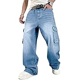 HUNGSON Mens Baggy Cargo Jeans for Men Women Y2k Skater Vintage Plain Pants Casual Wide Leg Jeans Loose Fit Denim Jeans