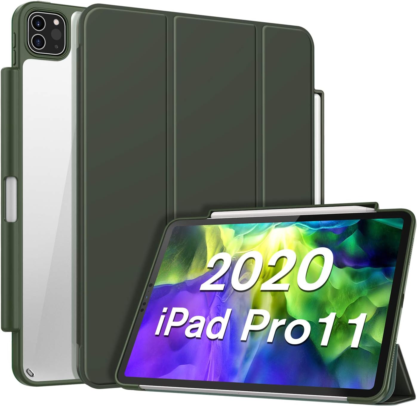 CaseBot Case with Pencil Holder for iPad Pro 11" 2020/2018 [Supports 2nd Gen Pencil Charging] - Slim Transparent Clear Hard Back Cover with Soft TPU Edge, Auto Wake/Sleep, Midnight Green