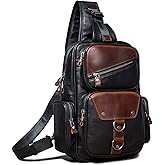 CENUNCO Genuine Leather Sling Bag for Men Large Crossbody Shoulder Bag Casual Sling Backpack Anti-Theft Travel Chest Purse
