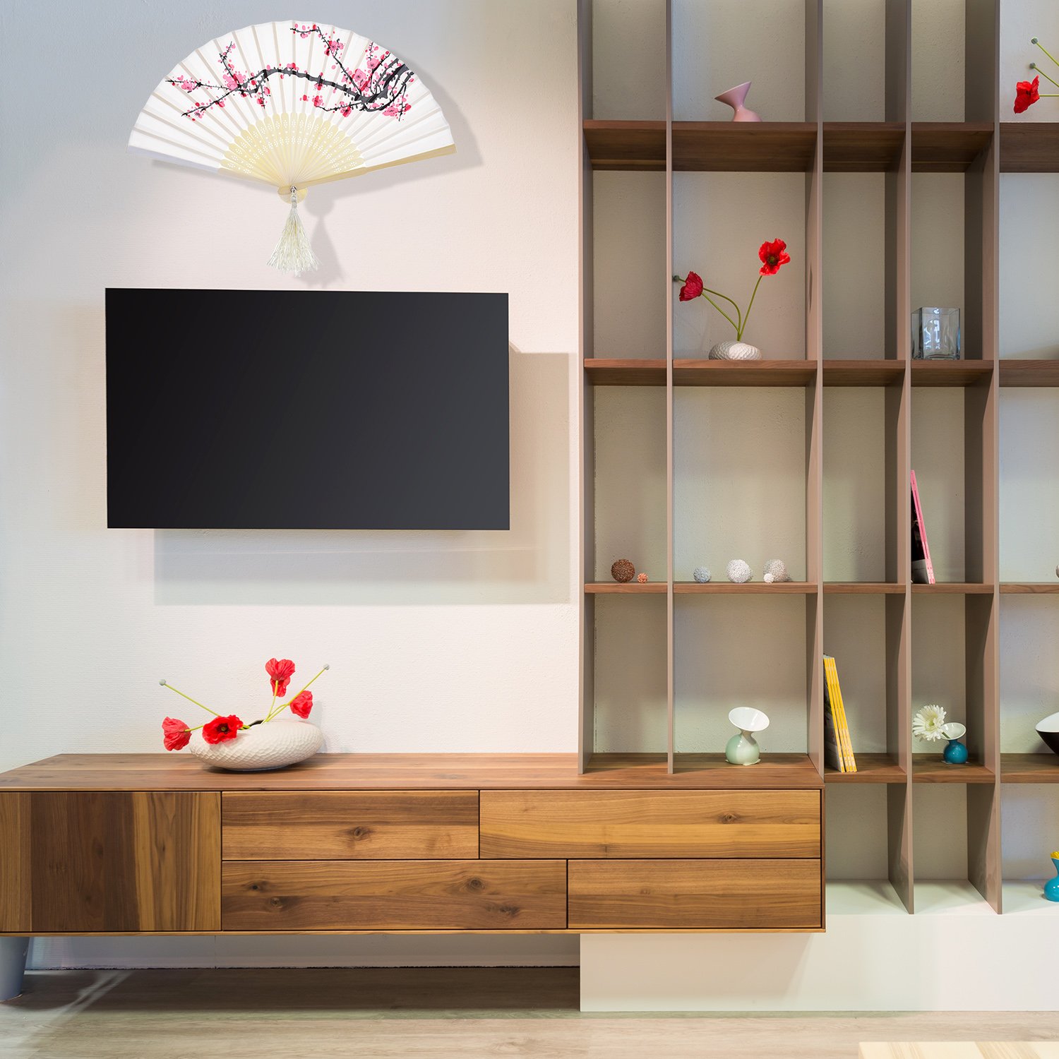 Hotop 2 Pieces Handheld Fans Silk Folding Fans with Bamboo Frames Handheld Portable Chinese Style Crafts for Dancing Photography Props Home Wedding Party Decor(Cherry)