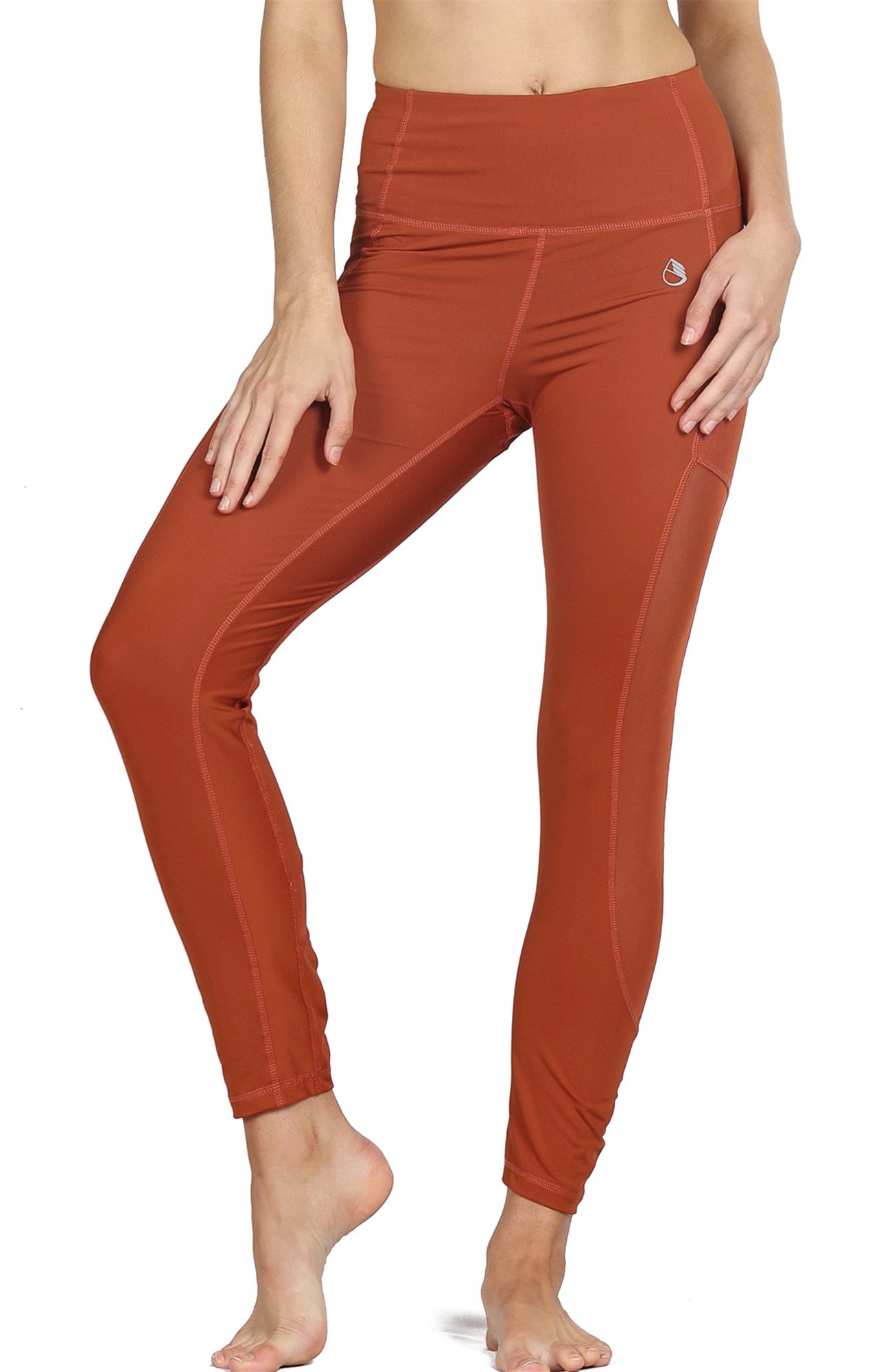 icyZone Tummy Control Slimming Shaping High Waist Yoga Tights Leggings with Mesh (L, Persimmon)