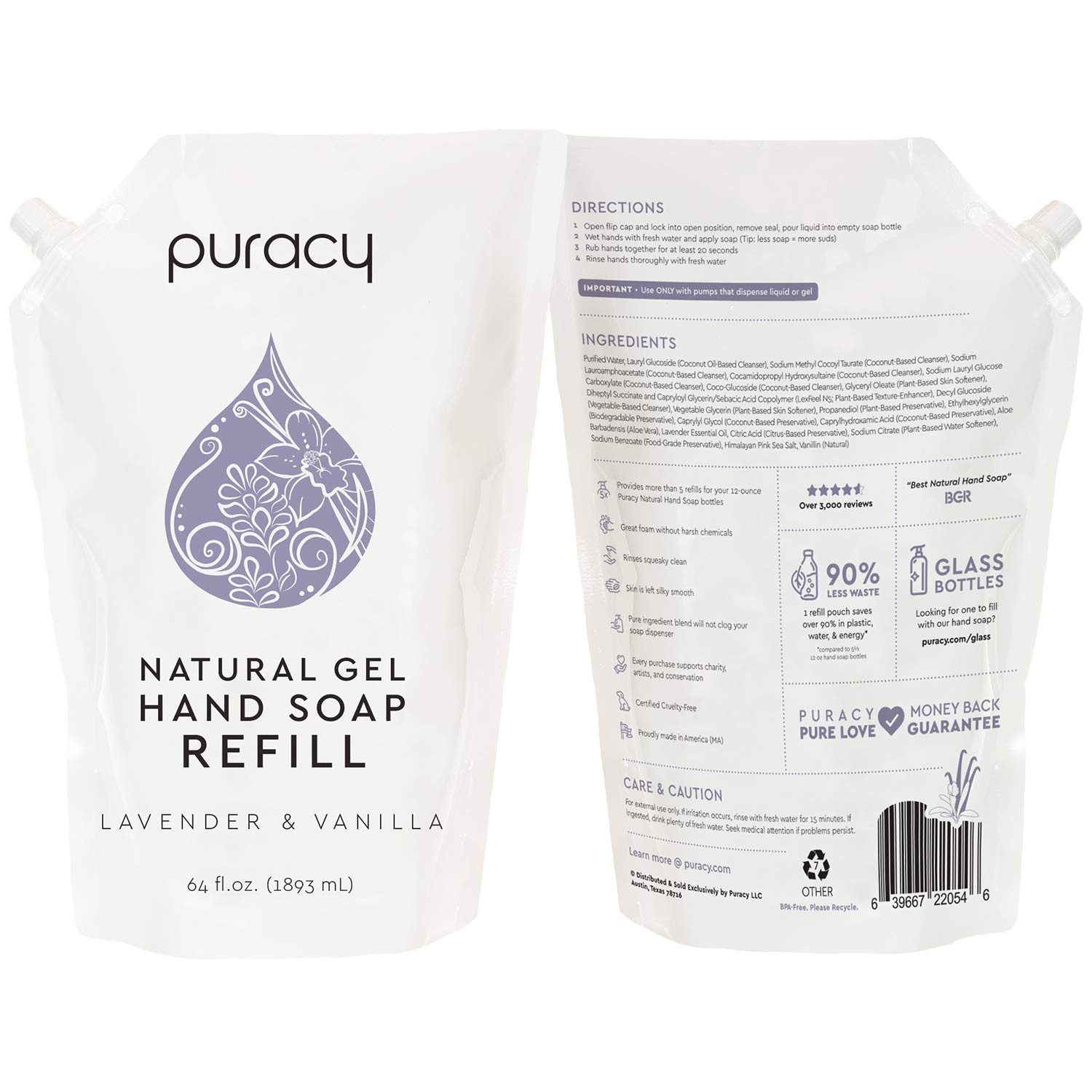 Puracy Natural Gel Hand Soap Refill, Lavender & Vanilla, Moisturizing Liquid Hand Wash, 64 Ounce : Beauty