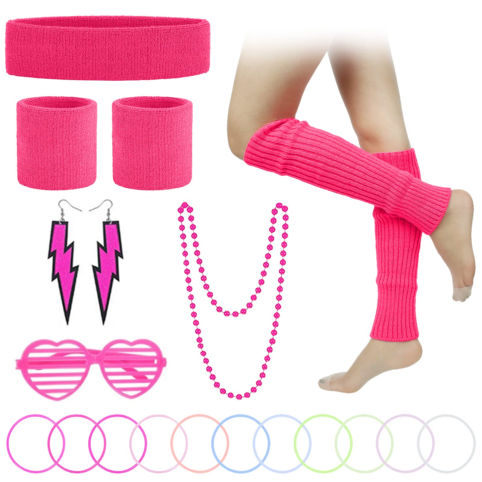 SPOKKI Leg Warmers Fishnet Gloves Headband Wristbands Neon Set, 80s Women Fancy Dress Costume Accessories, 1980s Retro Theme Party Costumes (Pink-2) — image 1