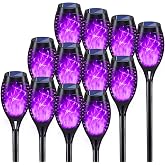 12Pack Purple Solar Halloween Lights for Halloween Decorations Outdoor | Halloween Solar Lights Outdoor with Flickering Flame, Waterproof Torches for Outside, Scary Halloween Yard Pathway Decoration
