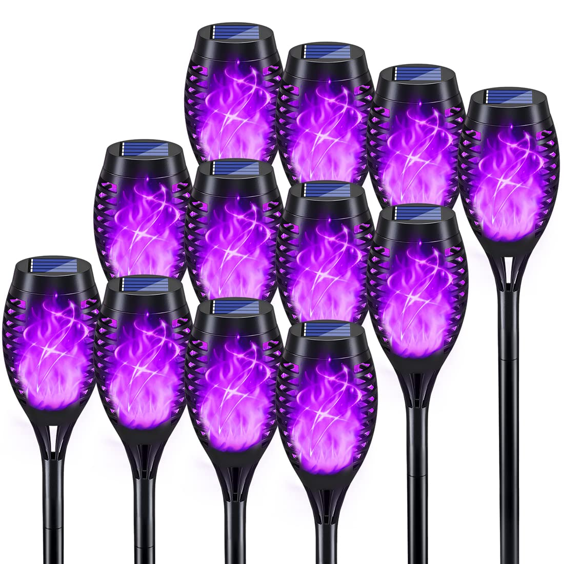Photo 1 of KYEKIO Halloween Decorations Outdoor, 12Pack Purple Solar Halloween Lights, Solar Torch Lights with Flickering Flame for Garden Decor, Waterproof Outdoor Lighting, Scary Torches for Yard Lawn Pathway