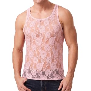 SEAUR Men's Floral Lace Tank Top Sheer Sleeveless Crew Neck Clubwear | Floral Lace, Sheer Mesh, Sleeveless, Crew Neck, Slim F