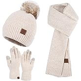 Qlauca Winter Knitted Hat Scarf Touchscreen Gloves Set Soft Warm Beanie Scarves for Women Men