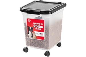 IRIS USA Airtight Dog Food Storage Container, WeatherPro, Up to 25 lbs, Removable Wheels, for Dog Cat Bird and Other Pet Food Storage Bin, Keep Fresh, Translucent Body, Made in USA, Clear/Black