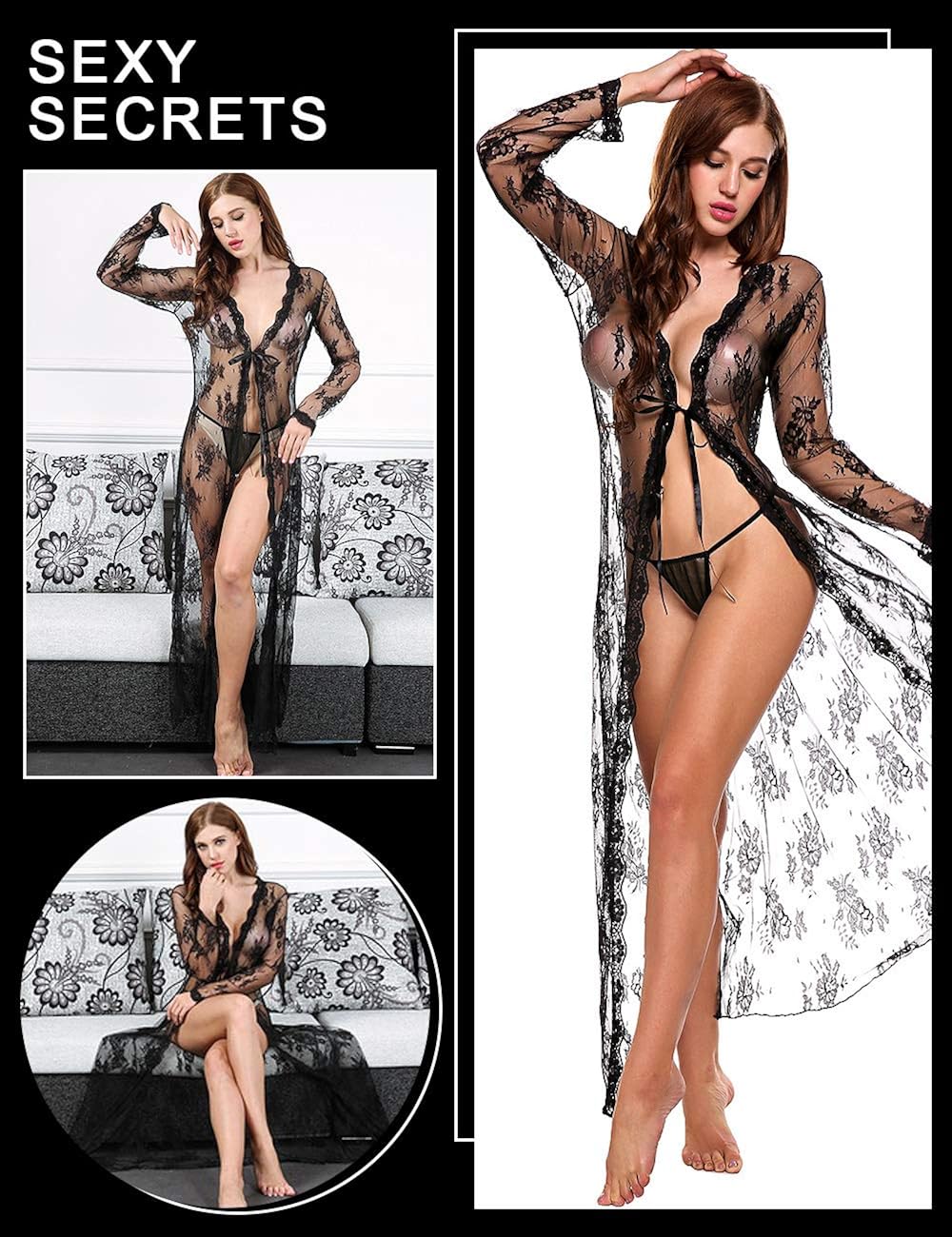 Lingerie for Women Sexy Long Lace Dress Sheer Gown See Through Kimono Robe: Clothing