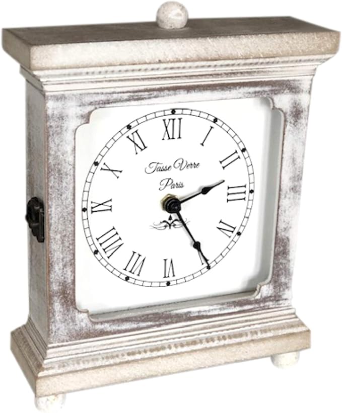 Amazon Com Tasse Verre Rustic Shelf Clock Quiet For Bedroom Table Or Desk 9 X7 Farmhouse Decor Distressed White Washed Wood Silent Office Fireplace Mantel Living Family Room Aa Battery Operated Non Digital Kitchen