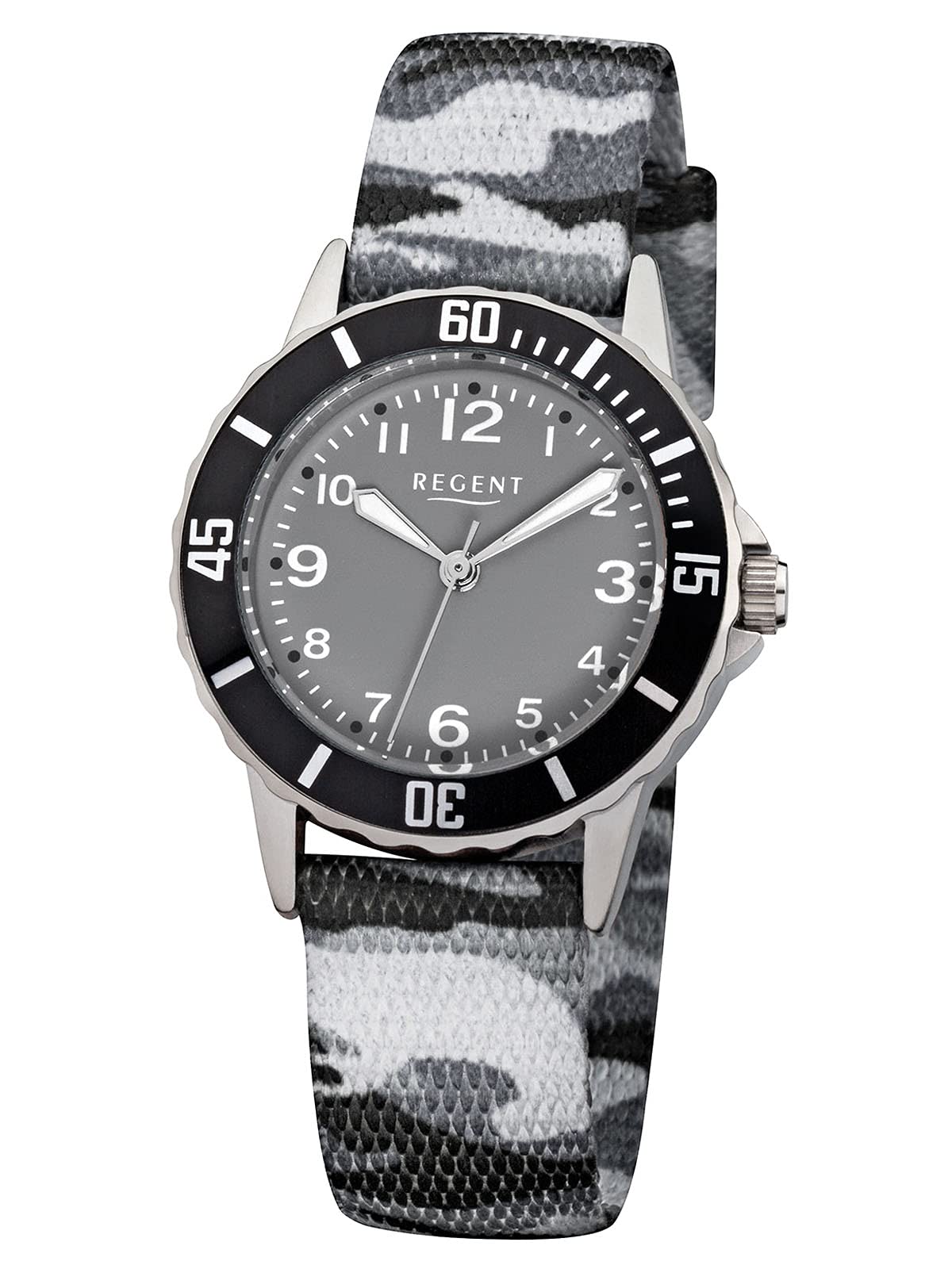 Regent Children's Watch Elegant Analogue Fabric Strap Watch Grey Black Camouflage Quartz Dial Black URF941